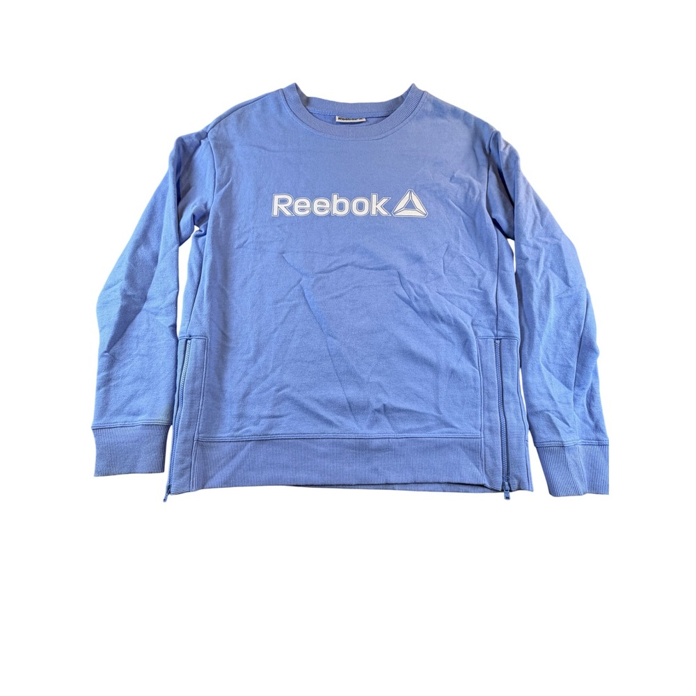Reebok Womens Side Zip Logo Sweatshirt Periwinkle Blue Crew Neck Pullover 1490